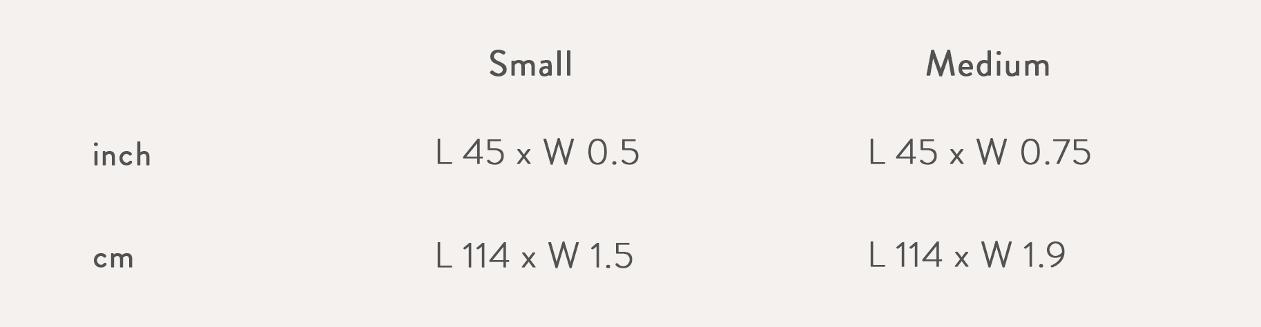 Size chart in inch