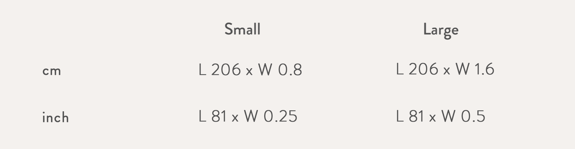 Size chart in cm