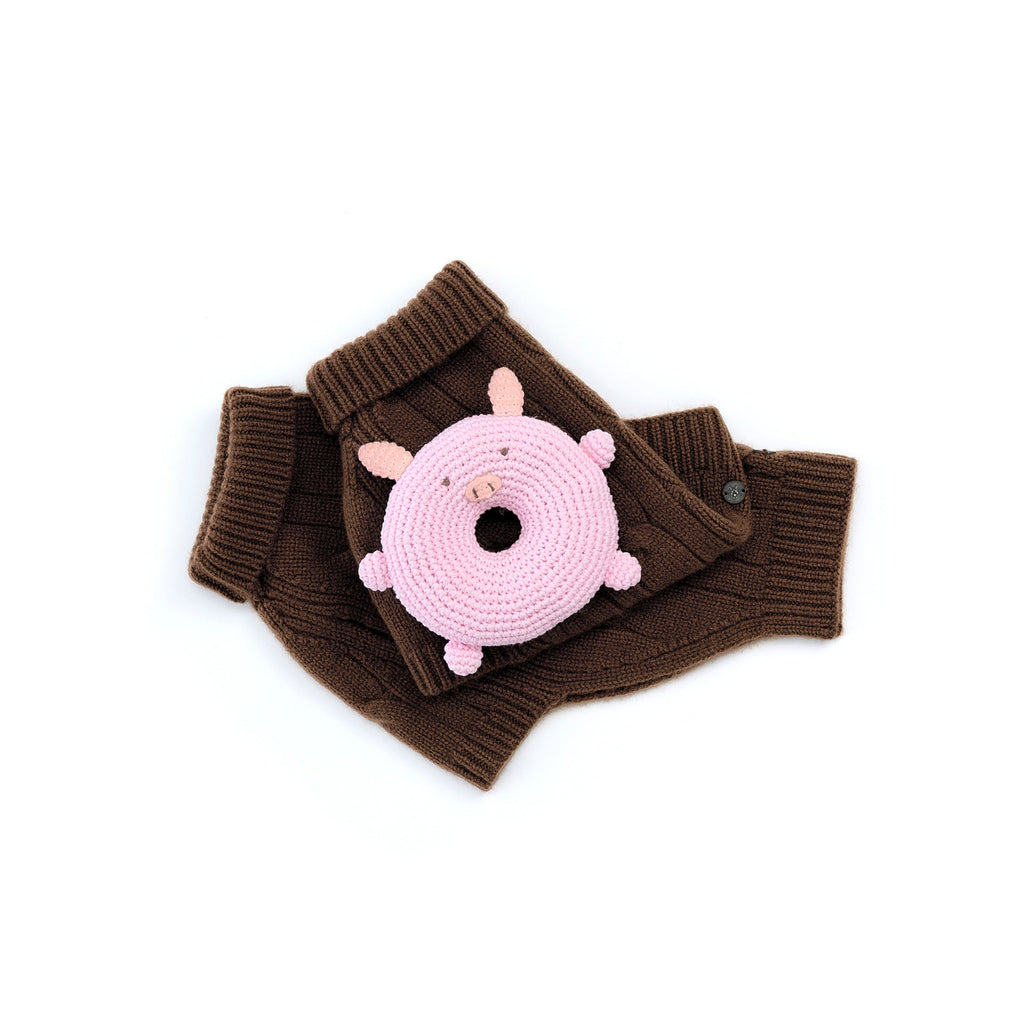 Mungo & Maud Luxury Dog & Cat Outfitters Donut-Piglet Dog Toy Pink Cable Cashmere Dog Pullover Brown