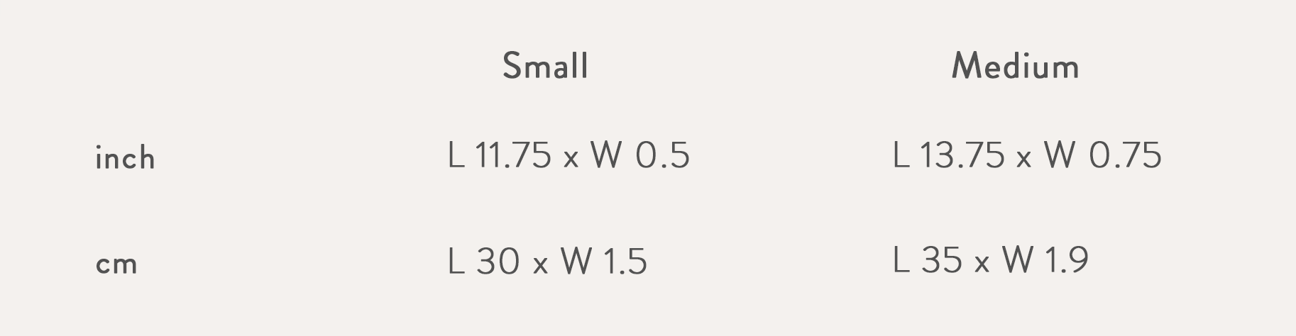 Size chart in inch