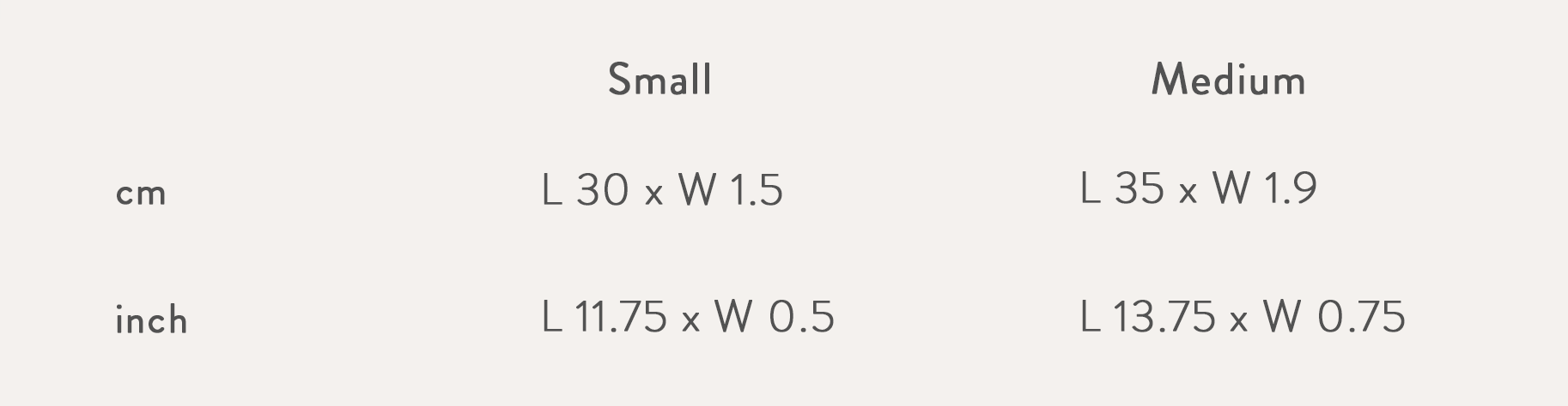 Size chart in cm